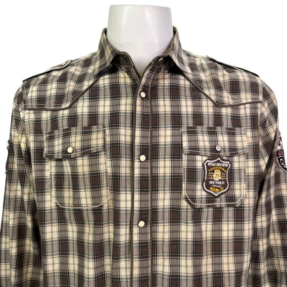 Buffalo David Bitton Mens Western Shirt Pearl Snap Brown Plaid Patch Size L - Picture 4 of 14